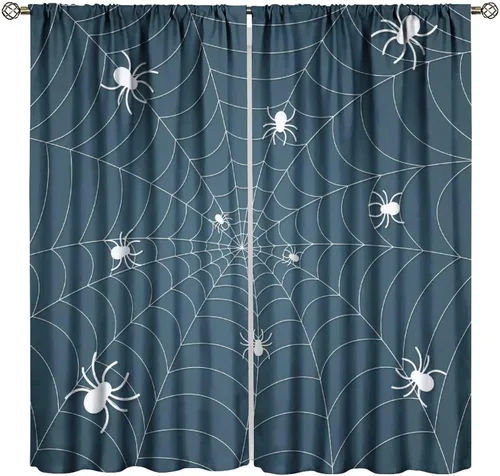 Vista 30 de Cortinas opacas de tela de araña aterradora para niños, tela de araña en blanco y negro, fondo rojo, dormitorio de niños, guardería, decoración