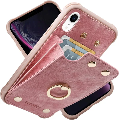 Vista 30 de Funda tipo cartera compatible con iPhone XR/10R con tarjetero de crédito, funda protectora de cuero a prueba de golpes compatible con anillo