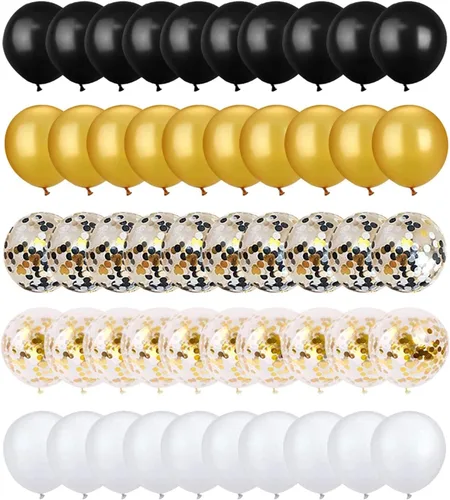 Vista 4 de Kit de 72 globos de confeti negro y dorado, globos negros, dorados y blancos de 12 pulgadas y globos de confeti dorado con cintas para globos