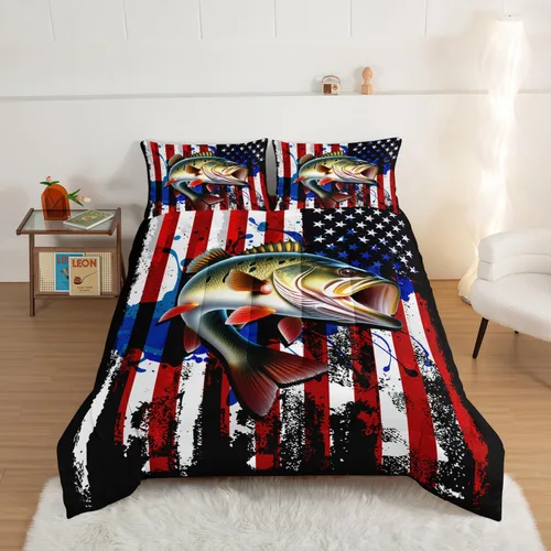 Vista 3 de HOSIMA Juego de edredón de pesca de lucio grande, juego de cama de caza y pesca con patrón de bandera estadounidense de perca, tamaño individual