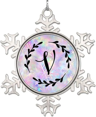 Vista 27 de Adorno de copo de nieve de letra A con inicial de copo de nieve, corona negra, adorno con monograma para decoración de árbol de Navidad, adornos