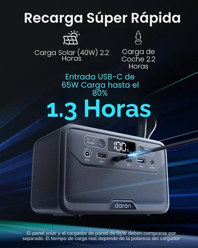 Vista 6 de Estación de energía portátil DaranEner 2026 de 28000mAh con batería LiFePO4, banco de energía solar con salida de CA 100W/110V, carga rápida