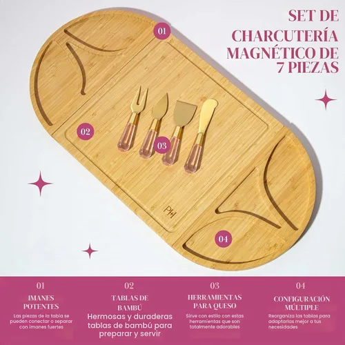 Vista 7 de Juego de tabla para embutidos y bandeja de servir Paris Hilton, tabla de bambú magnética y personalizable con utensilios para queso, set de 7