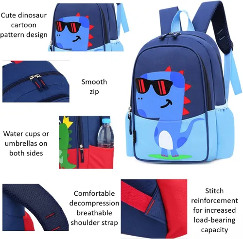 Vista 3 de POWOFUN Mochila preescolar para niños, diseño de dibujos animados, tamaño A4, Dinosaurio Verde M