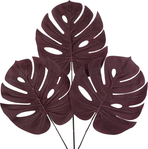 Vista 11 de DILATATA Hojas Artificiales de Monstera con Tallos de 28", Hojas Tropicales de Imitación Otoñales Falsas de Seda Naranja Monstera, Ramas de Palma
