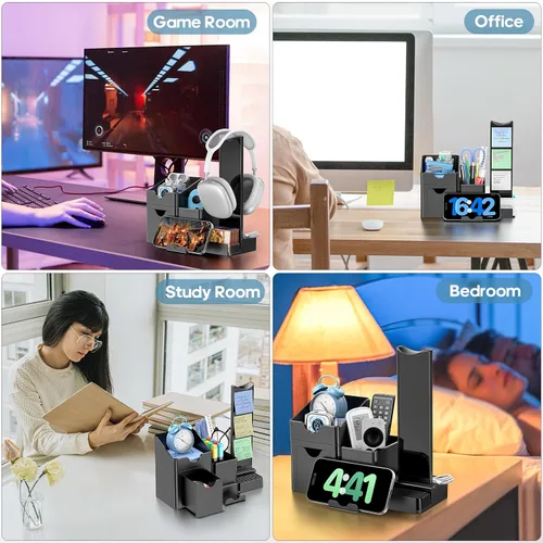 Vista 4 de KDD Organizador de bolígrafos con soporte para auriculares, soporte para lápices para escritorio con cajón y tarjetero, juego organizador