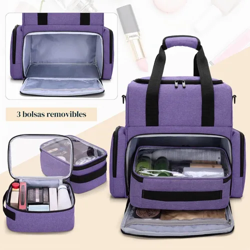 Vista 2 de BAFASO Bolsa de maquillaje de viaje grande de 2 capas con 3 bolsas Púrpura