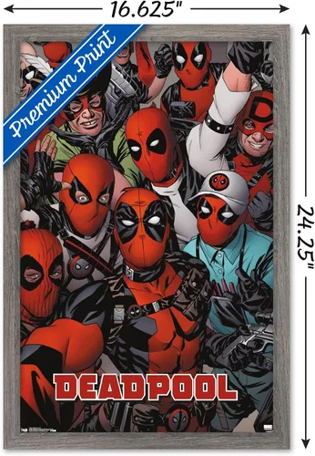 Vista 3 de Marvel Comics Deadpool - Póster de pared con caras, 22.4 pulgadas de largo x 14.7 pulgadas de ancho, versión enmarcada de madera de granero