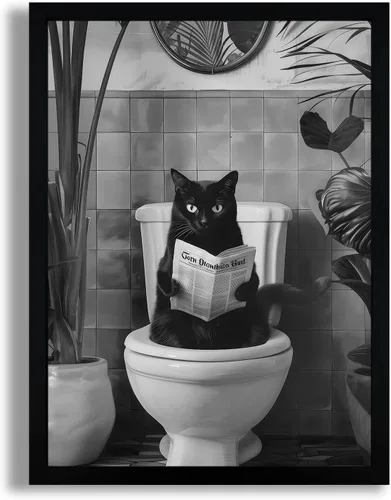 Vista 22 de SYWENNOI Arte de Pared en Lienzo Enmarcado en Blanco y Negro para Baño, Divertido Gato Negro Sentado en el Inodoro Leyendo Periódico Decoración