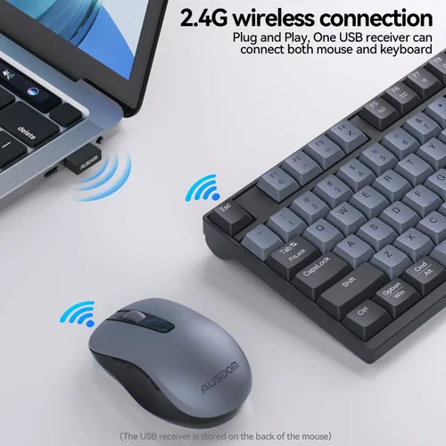 Vista 2 de AUSDOM Combo de teclado y mouse inalámbricos: 98 teclas, teclado silencioso de computadora de 2.4 G y mouse silencioso ajustable de 3 DPI, teclado