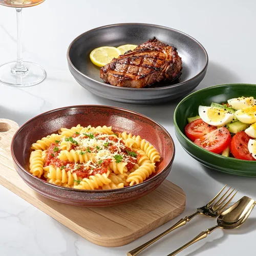 Vista 4 de HAPPY KIT Tazones de Pasta de Gres de 9'', Juego de 4, 42 Oz, Tazones Grandes para Ensalada con Esmalte Reactivo, Tazones de Cerámica para Servir