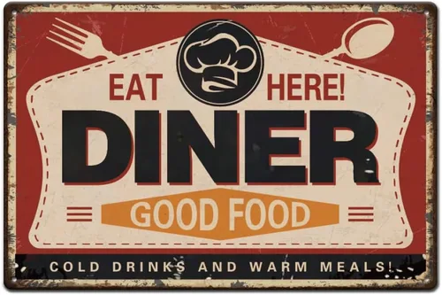 Vista 7 de SUPERDANT Letreros de metal con texto en inglés "Cold Drinks Here", póster de metal con texto en inglés "Drink Shop", divertido cartel de comida