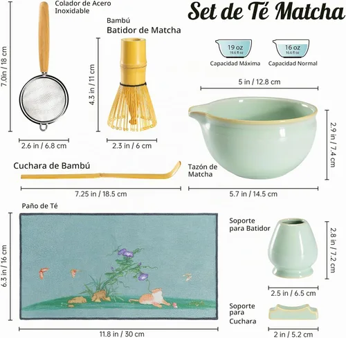 Vista 2 de UNICASA Juego de 7 batidores de matcha, 72 dientes de bambú Chasen, cuenco Verde claro