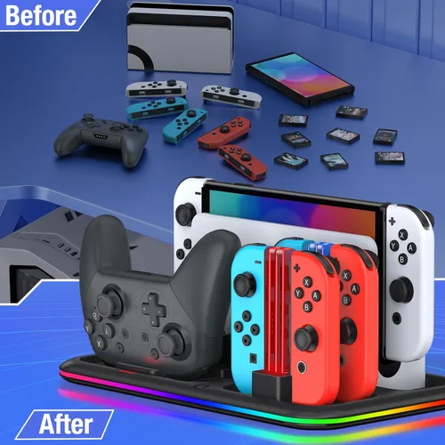 Vista 6 de AXYBCOOL RGB Switch Charger Dock for Nintendo SwitchSwitch LiteOLEDSwitch Charging Stand with 8 Games Storage for Switch Pro Controller Joycons
