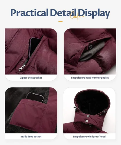 Vista 6 de CREATMO US Abrigo de invierno cálido para mujer, chaqueta de esquí impermeable acolchada con capucha desmontable