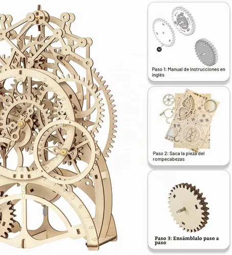 Vista 3 de ROKR Rompecabezas de reloj de péndulo mecánico de madera 3D, juego de construcción de juguetes de engranajes mecánicos, suministros de kit