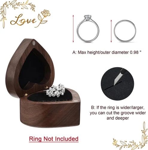 Vista 2 de Yoption Caja de anillos de madera, hecha a mano de madera de nogal con forma de corazón, caja de anillos para ceremonia de boda, aniversario