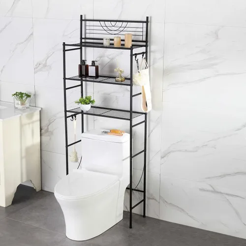 Vista 3 de Estante de almacenamiento de 3 niveles para baño sobre el inodoro, organizador de estante con marco de metal, con 4 ganchos, color negro