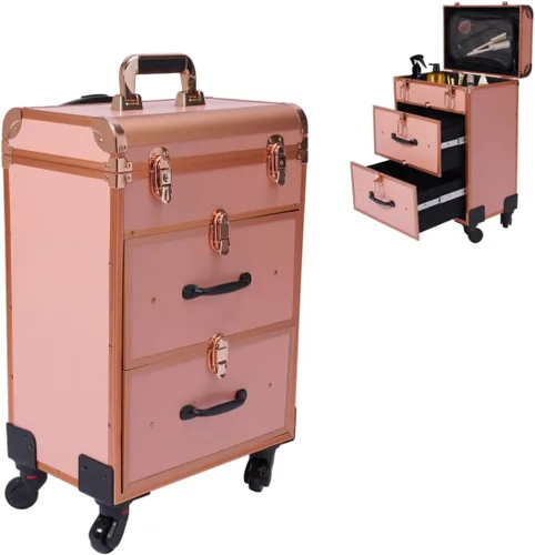 Vista 10 de Caja de tren de maquillaje rodante, caja de almacenamiento de maquillaje de 3 capas, carrito cosmético grande con cerraduras, organizador de Negro