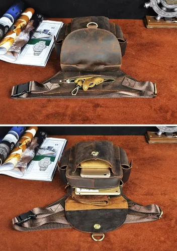 Vista 7 de Leaokuu Bolso bandolera de cuero para hombre para motocicleta táctica riñonera riñonera bolsa de pierna caída