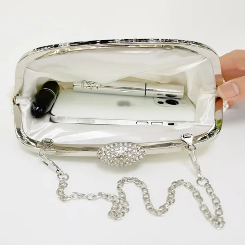 Vista 4 de Aovtero Bolso de mano de perlas para mujer, bolso de noche formal con cuentas completas con cadena