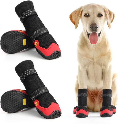 Vista 8 de Zapatos para perros para pavimento caliente, botas antideslizantes impermeables para perros pequeños a grandes con correas reflectantes, botas