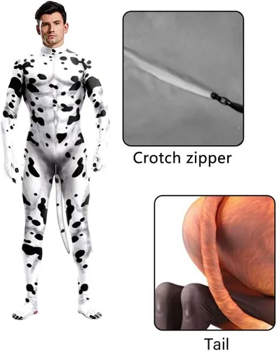 Vista 70 de Disfraz de animal para hombre con estampado de cola grande, overol peludo de elastano para cosplay, fiesta de Halloween