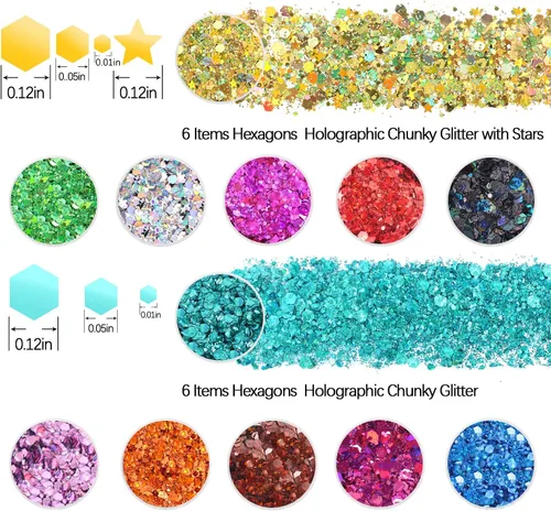 Vista 2 de Estanoite - Purpurina gruesa holográfica con lentejuelas, 12 colores mezclados, cosméticos para cara, cuerpo, ojos, cabello, uñas, arte, brillo