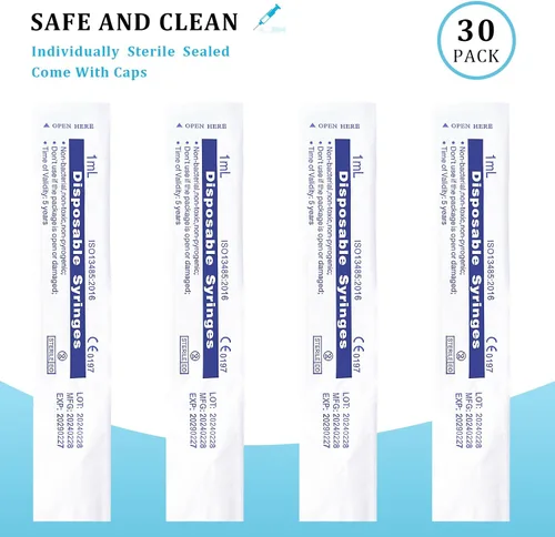 Vista 2 de Paquete de 30 jeringas de plástico de 0.0 fl oz con tapa, estéril y selladas individualmente para medir, regar, recargar, alimentar mascotas