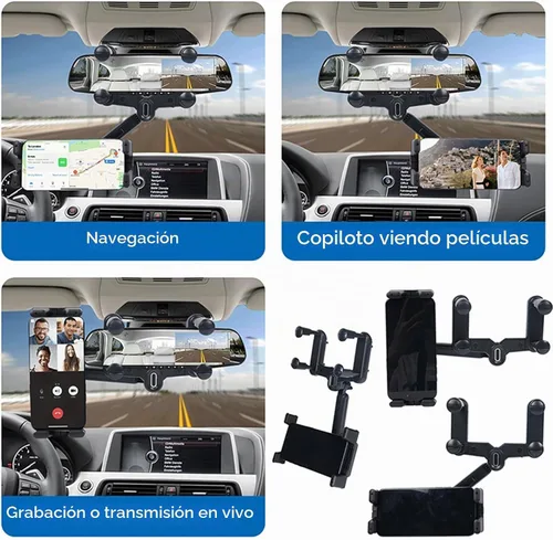 Vista 5 de kelofam Soporte para teléfono para coche, Soporte para espejo retrovisor de coche, Soporte multifuncional giratorio de 360° y retráctil para tablet