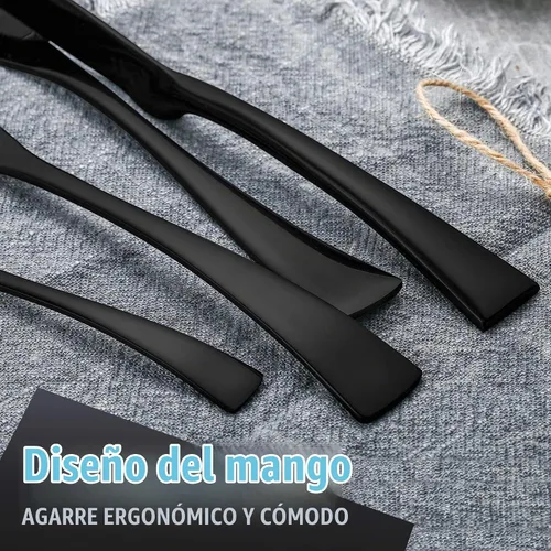 Vista 5 de Lemeya Juego de cubiertos negros de 24 piezas para 6, juego de cubiertos de acero inoxidable 18/10 resistente con cuchillo forjado, juego