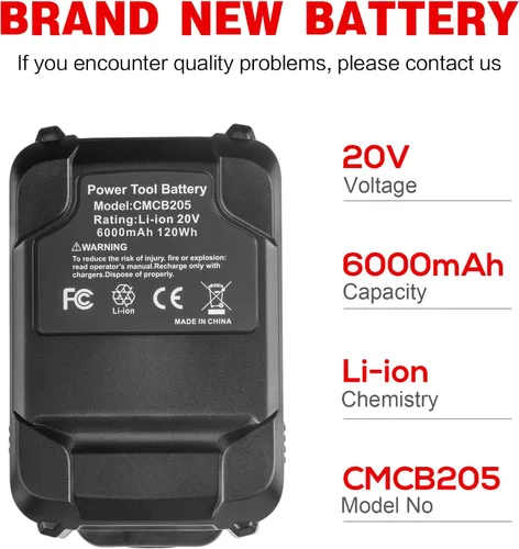 Vista 2 de Labtec Batería de repuesto CMCB205 de 20 V 6000 mAh para Craftsman 20V Batería CMCB204 CMCB202 CMCB201 CMCS500B CMCD700C1 Herramienta inalámbrica