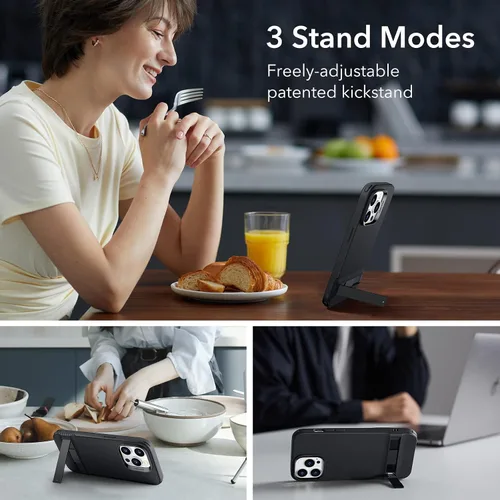 Vista 3 de ESR Funda para iPhone 14 Pro, 3 Modos de Soporte, Protección contra Caídas de Grado Militar, Compatible con Carga Inalámbrica, Cubierta Trasera Negro