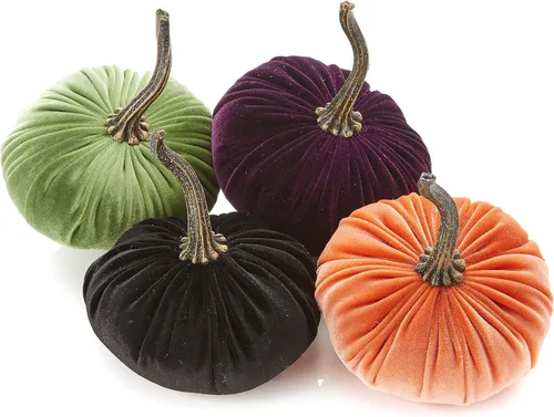 Vista 18 de Juego de 4 pequeñas calabazas de franela de terciopelo y algodón, decoración a cuadros de búfalo blanco y negro, estantes de calabaza negra
