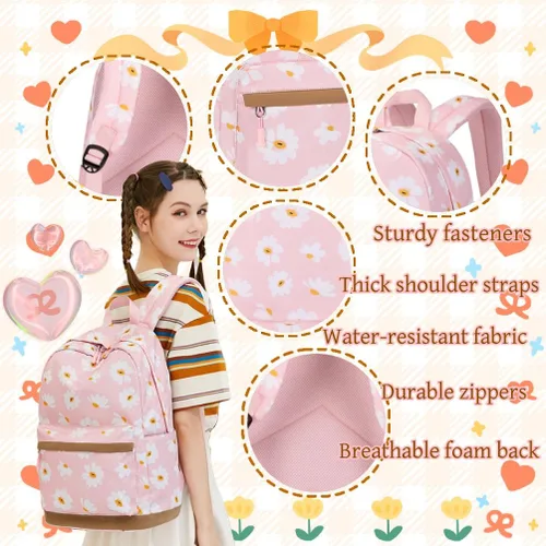 Vista 11 de 3 piezas de mochila con estampado de margaritas para niños, mochila de escuela primaria, mochila para estudiantes de primaria, mochila para Negro