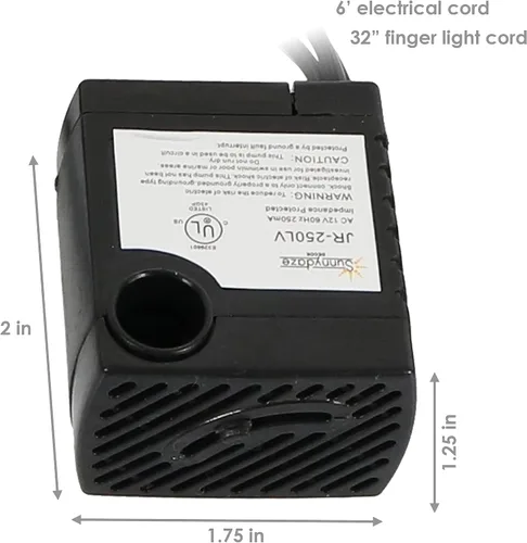 Vista 4 de Bomba sumergible de fuente Sunnydaze 70GPH con luz de dedo y transformador 24V Small Fountain Pump with Adjustable Flow, Hose Adapters, 6' Cord