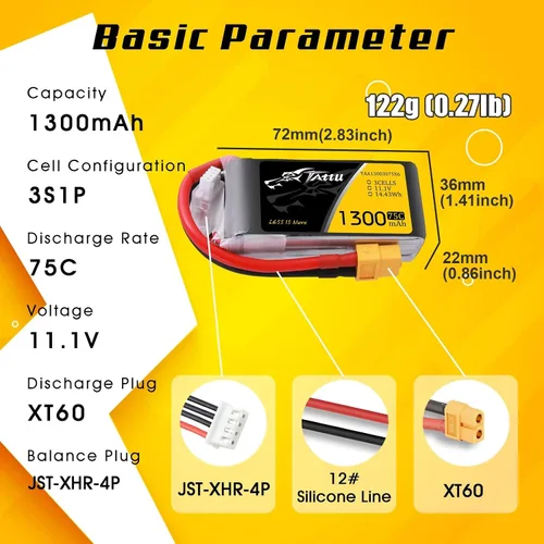 Vista 2 de TATTU Batería LiPo de 11.1V 1300mAh 75C 3S con enchufe XT60 (2 piezas)