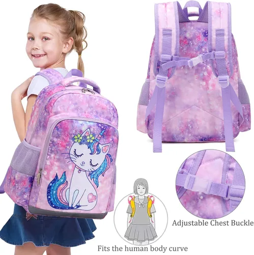 Vista 4 de JIANYA Mochila para niñas y niños, mochilas para libros, lindas y ligeras, *Gato azul claro, Mochila escolar para niña preescolar de jardín