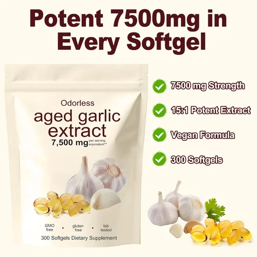 Vista 3 de Extracto de ajo envejecido, 300 unidades, 7500 mg de ajo orgánico inodoro, suplemento para apoyo cardíaco e inmunológico, vegetariano, sin OMG