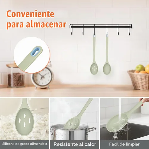 Vista 6 de Cuchara de cocina de silicona, cucharas sólidas y ranuradas Verde
