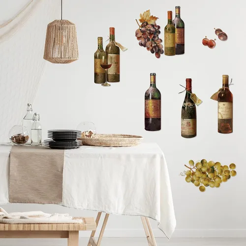 Vista 6 de Censen 2 hojas de calcomanías de pared de vino, calcomanías de arte para despegar y pegar, botella de vino, vidrio, cocina, uva, fruta, calcomanías