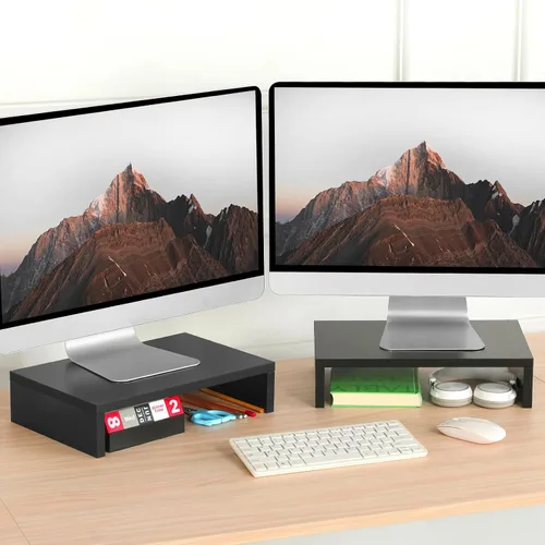 Vista 7 de TEAMIX Soporte elevador para monitor de madera, paquete de 2 unidades, soporte ajustable de 2 niveles, elevador de monitor doble para 2 Negro