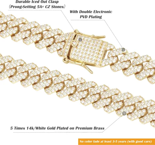 Vista 4 de Collar o pulsera chapada en oro de 14 quilates con eslabones cubanos de Miami de 0.47 pulgadas (personalizable)