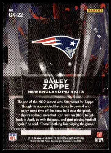 Vista 2 de 2022 Panini Chronicles Gridiron Kings #22 Bailey Zappe New England Patriots RC Rookie Card Official NFL Football Card in Raw (NM or Better) Condition