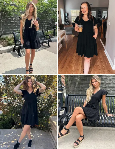 Vista 2 de HOTOUCH Vestido casual escalonado con bolsillos, cuello en V, con volantes, manga casquillo, vestido acampanado