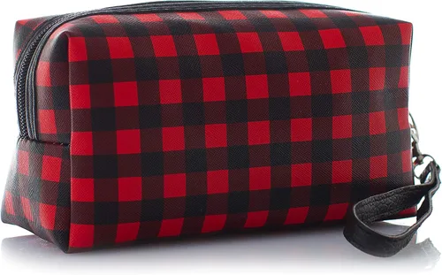 Vista 3 de Leisureland Bolsa de cosméticos de dos tonos de lona de algodón maquillaje bolsa de embrague, rojo (Buffalo Plaid Red)