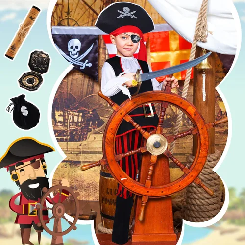 Vista 5 de Hillban Disfraz de pirata para niños, juego de rol, vestido de pirata, suministros de fiesta de cumpleaños, accesorios y juguetes para fiestas