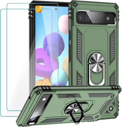 Vista 9 de Funda para Google Pixel 6a con protector de pantalla de vidrio templado [2 unidades], funda protectora de grado militar a prueba de golpes con Negro