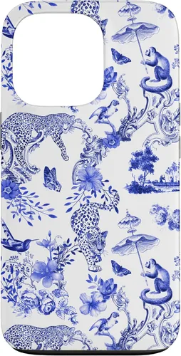 Vista 10 de French Blue Toile Chinoiserie with Flowers, Monkey, Leopards Case for iPhone 17