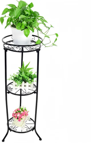 Vista 8 de FAMZ Soporte para plantas para interiores y exteriores, 3 niveles de alto, soportes de metal negro para plantas, estante redondo de 35 pulgadas